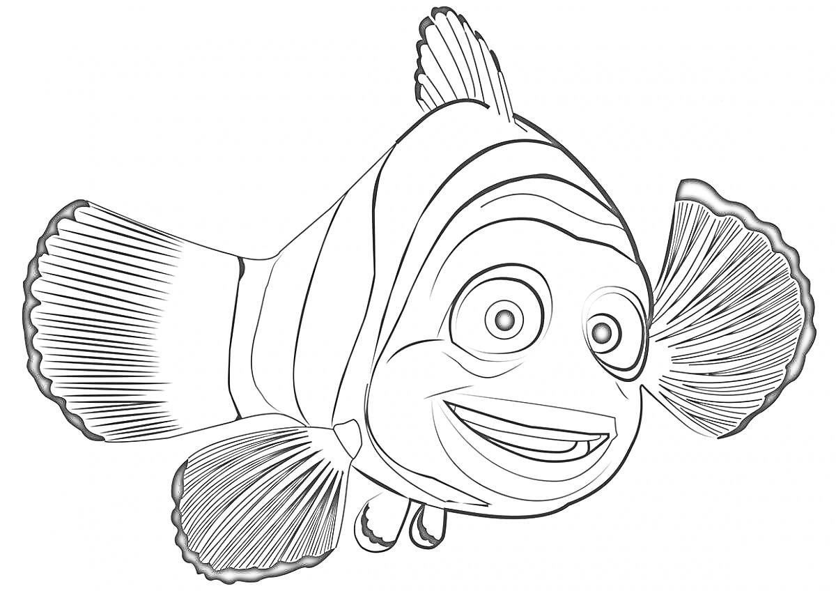 Раскраска Рыбка с полосками, большими глазами и плавниками