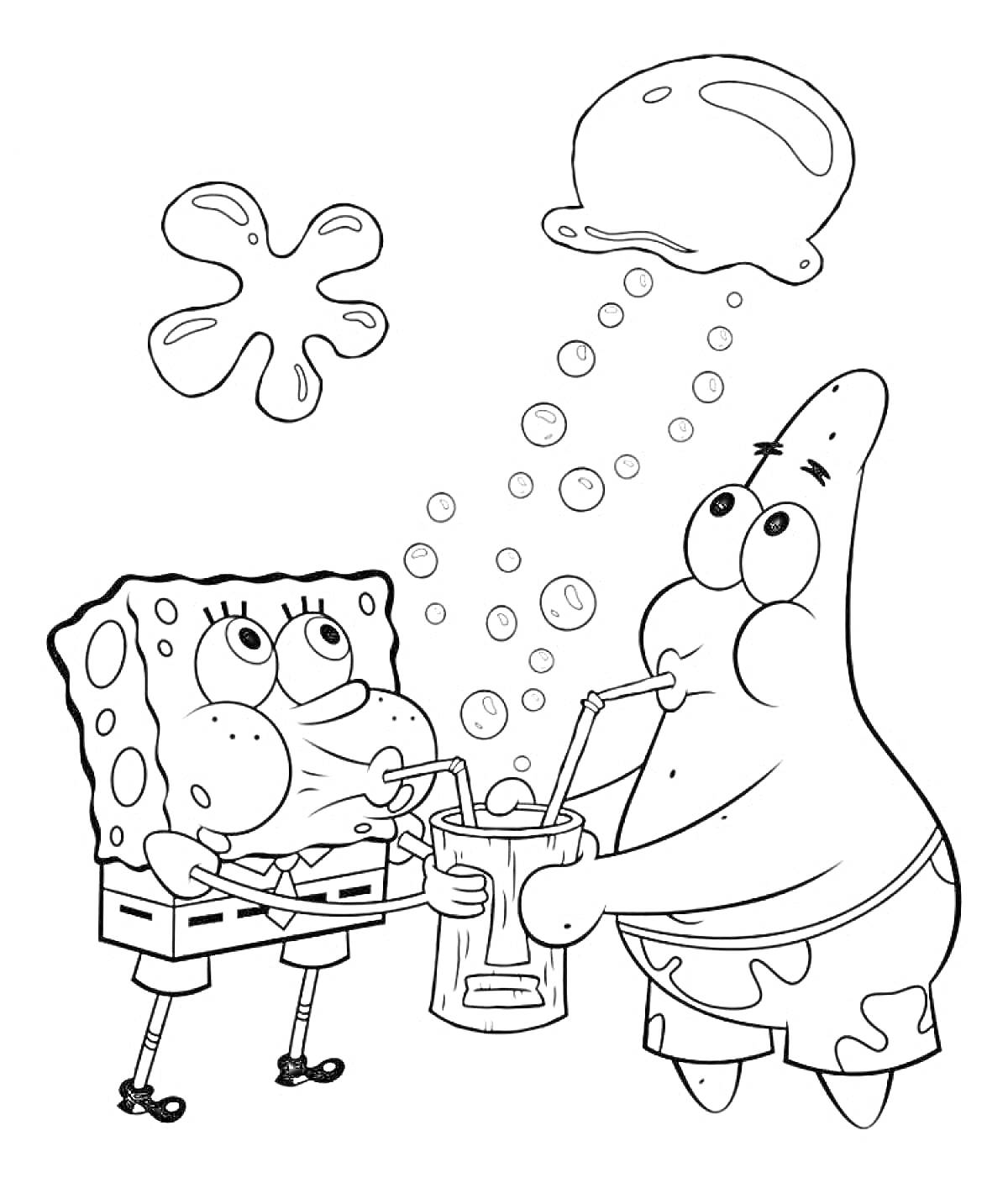 Раскраска Губка Боб Квадратные Штаны и Патрик Стар пьют напитки через трубочки, наблюдая за пузырями