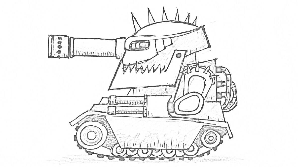 Раскраска Мультяшный танк с шипами на башне и оскаленной челюстью