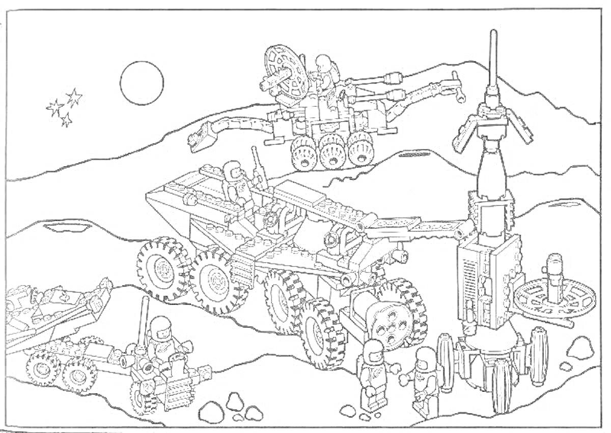 Раскраска Военные лего на марсианской базе с техникой и солдатами