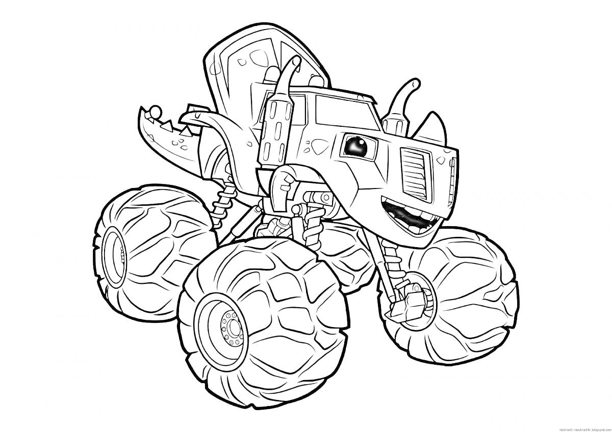 Раскраска Монстр-трак с большими колесами и рогами, улыбающийся характер с сиденьем и деталями кузова