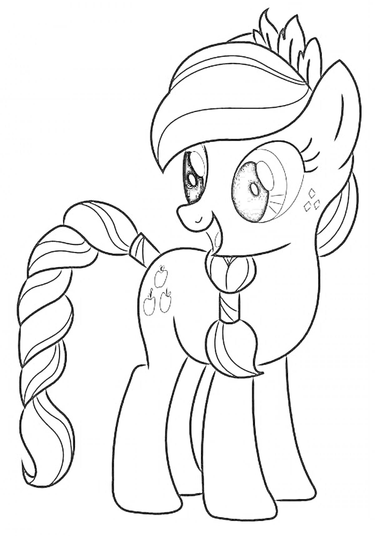 Раскраска Пони с длинной закрученной гривой и хвостом, с тремя яблоками на боку, улыбающаяся