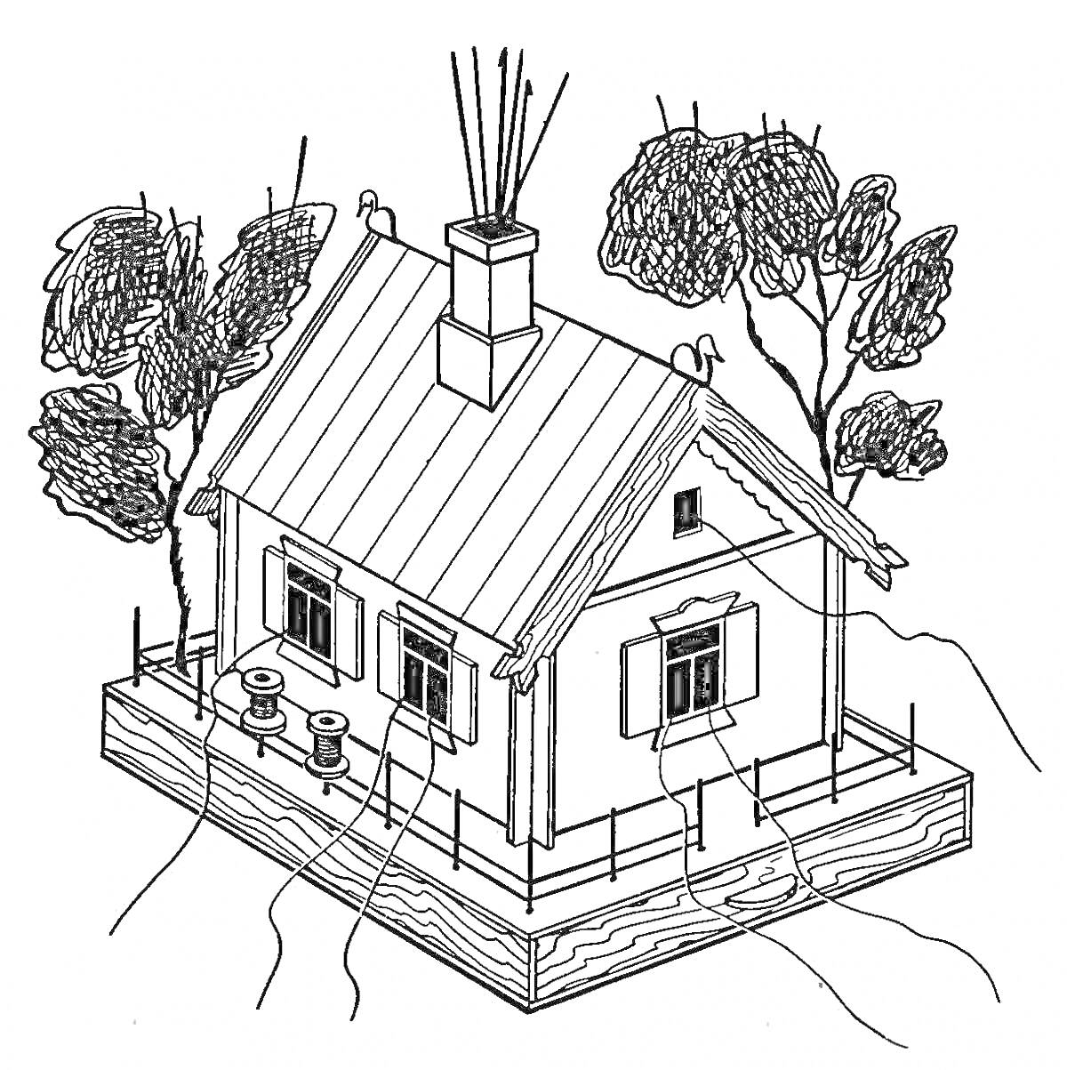 На раскраске изображено: Дом, Забор, Деревья, Природа, Крыша, Труба, Веранда, Окна, Дверь, Площадка