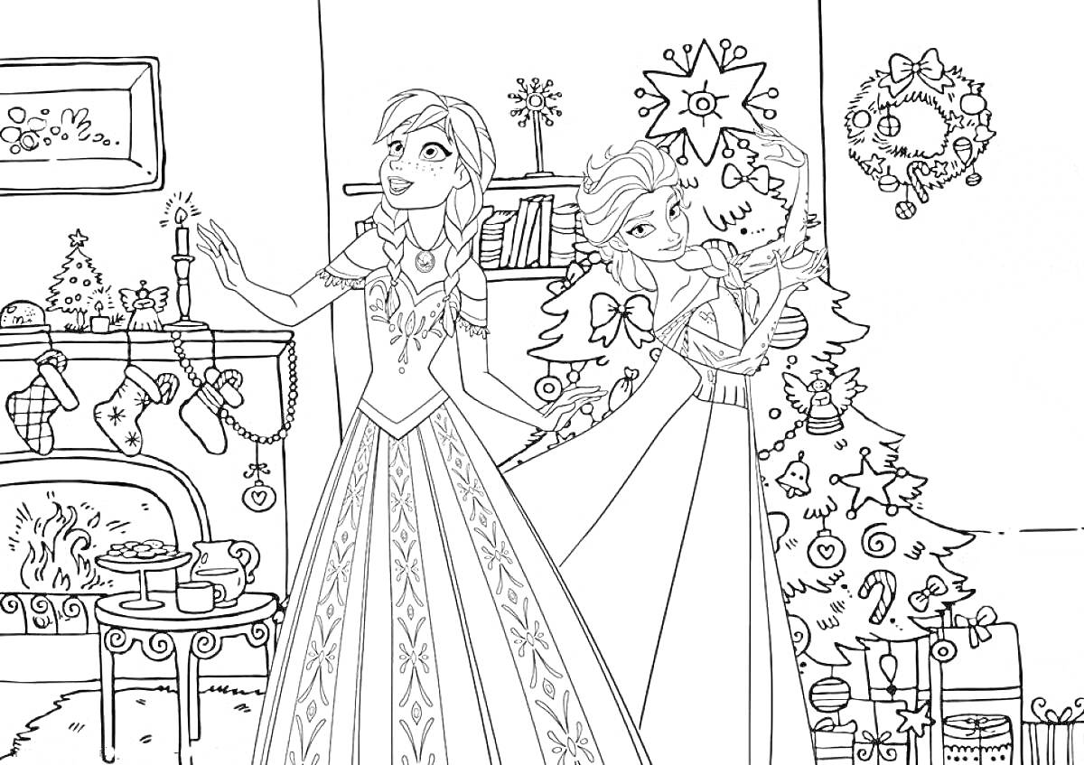 Раскраска Эльза и её сестра перед рождественской ёлкой и камином, украшенными гирляндами и игрушками