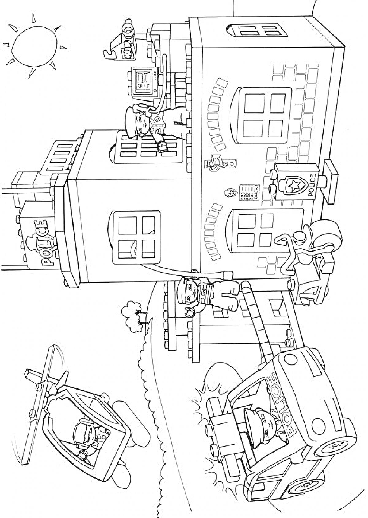 Раскраска Полицейский участок с вертолетом, машиной и полицейскими