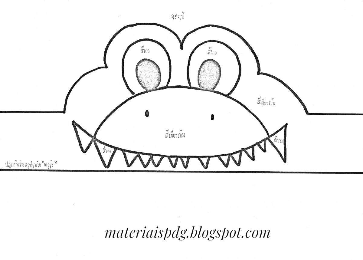 Раскраска Маска крокодила с большими глазами, зубастой пастью и текстом