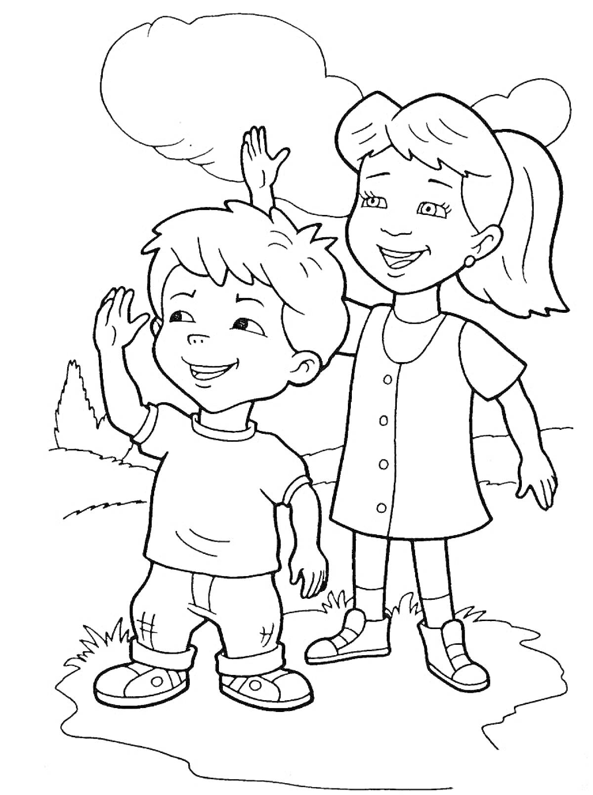 дети, мальчик и девочка, стоят на траве, машут руками, деревья и облака на заднем плане