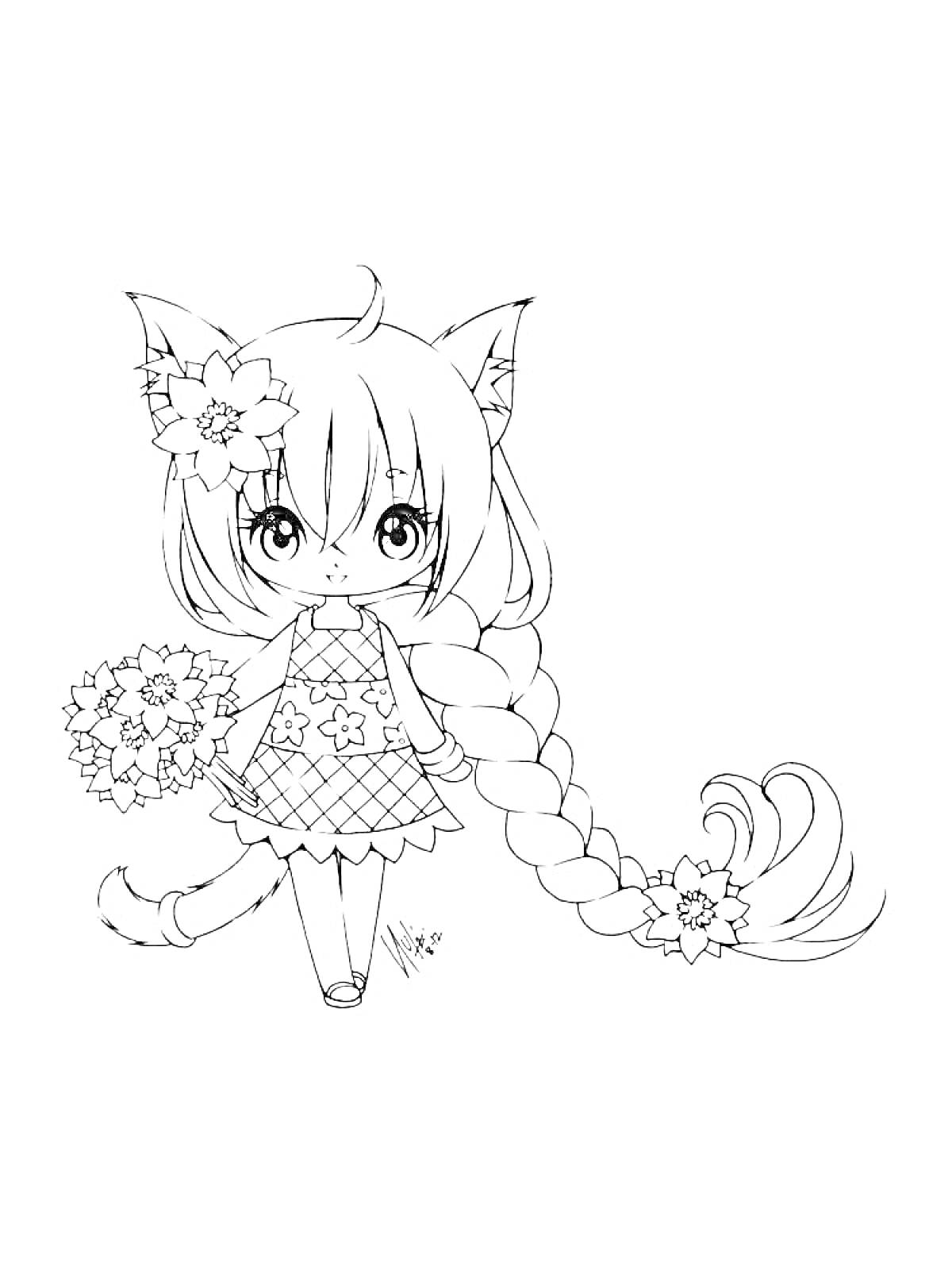 Раскраска Девочка с длинной косой и кошачьими ушками, цветы в руках и на волосах