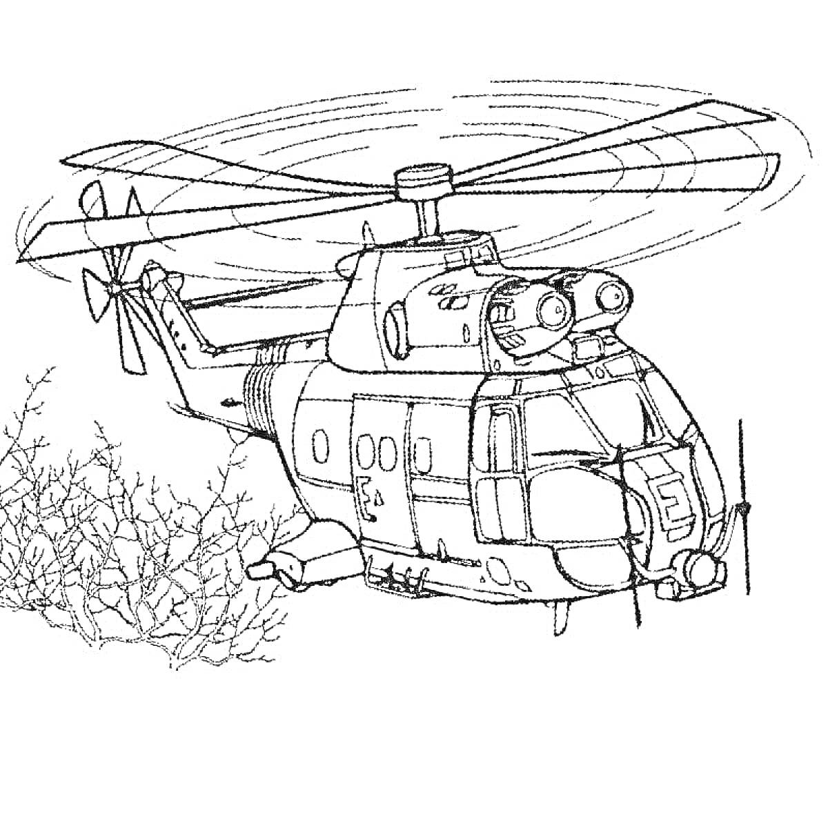 Раскраска Военный вертолет над кустами, с видимым вращающимся винтом и подъемным механизмом