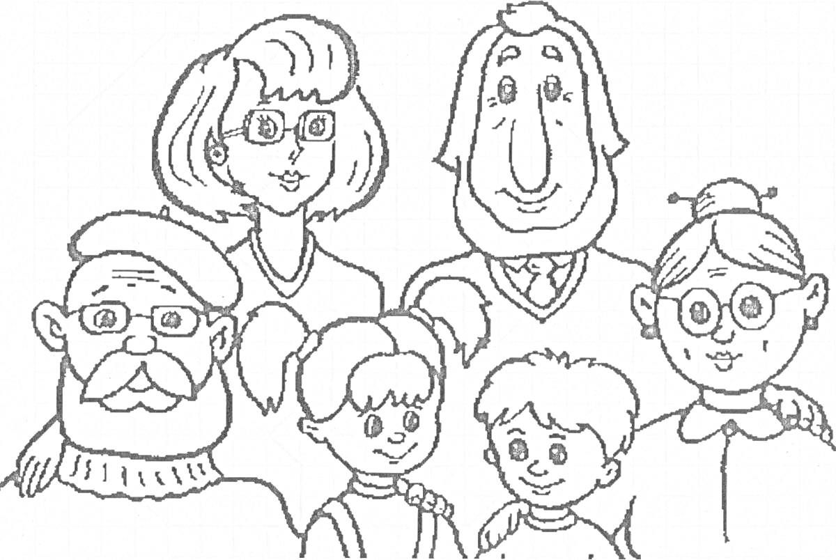 На раскраске изображено: Семья, Родители, Бабушка, Девочка, Мальчик, Для детей