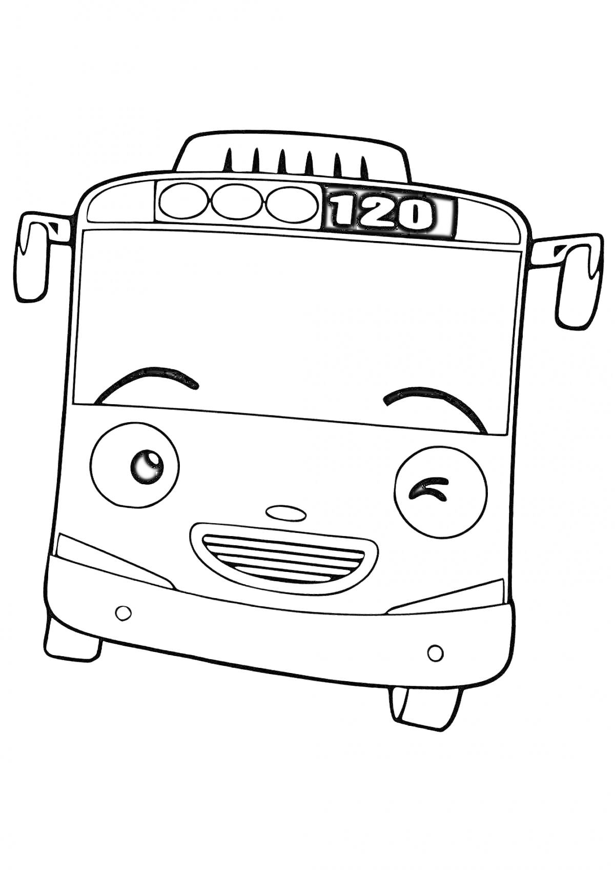 На раскраске изображено: Тайо, Автобус, Из мультфильмов, Детский персонаж, Улыбка