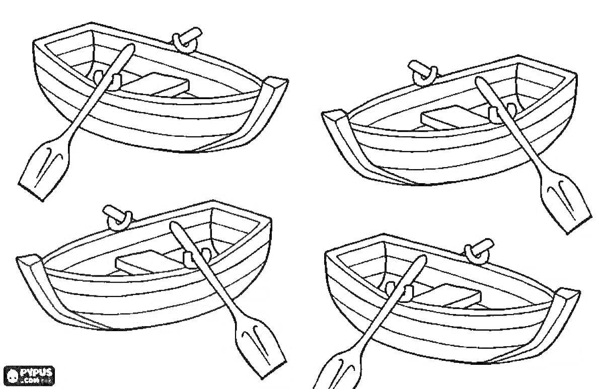 Раскраска Лодки с веслами в разных ракурсах