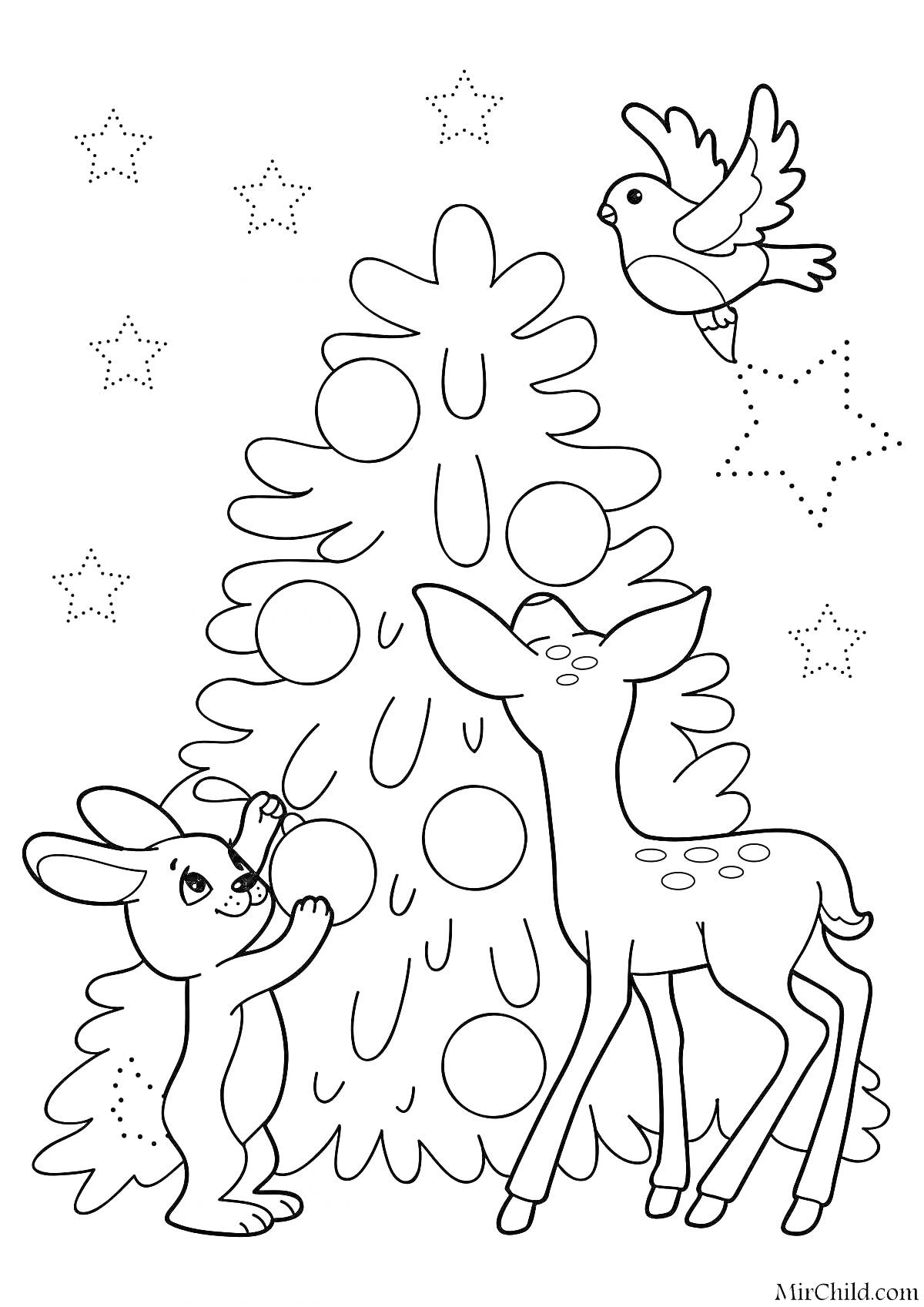 Раскраска Елка с зайчиком, олененком, и птицей, окруженная звездами