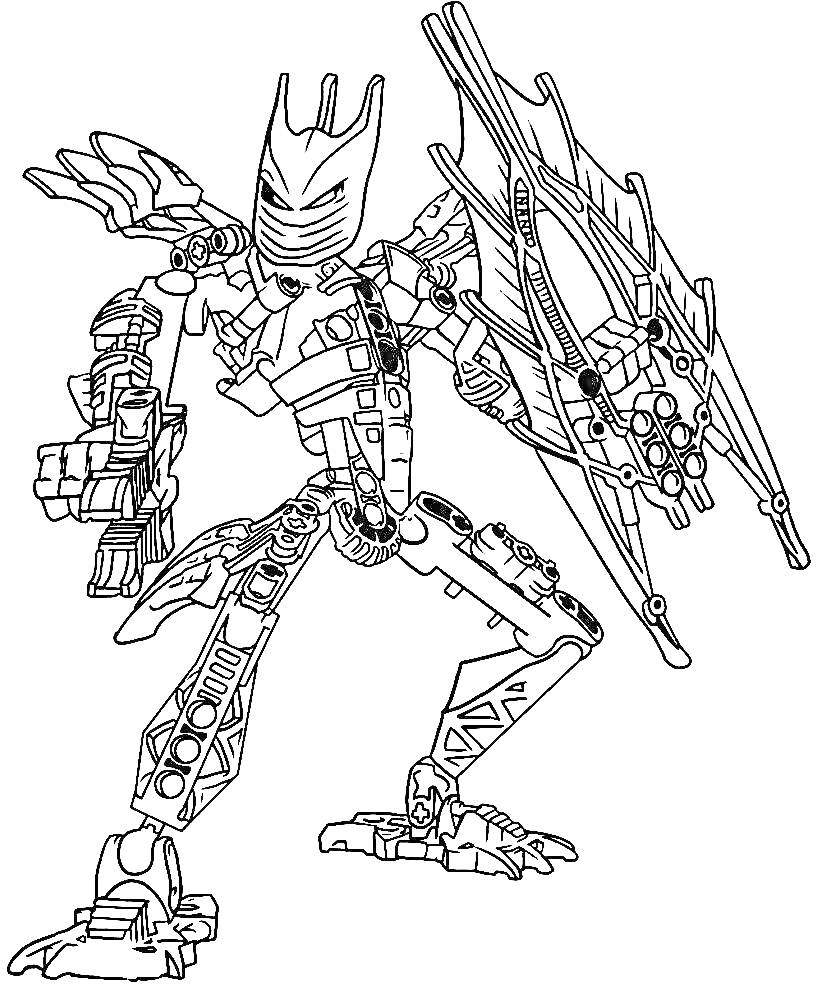 Раскраска Робот Бионикл с крылом и мечом в боевой стойке