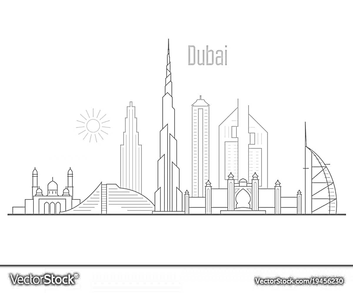 Раскраска Контурная иллюстрация панорамы города Дубай с небоскребами, палатками, мечетями и солнцем.