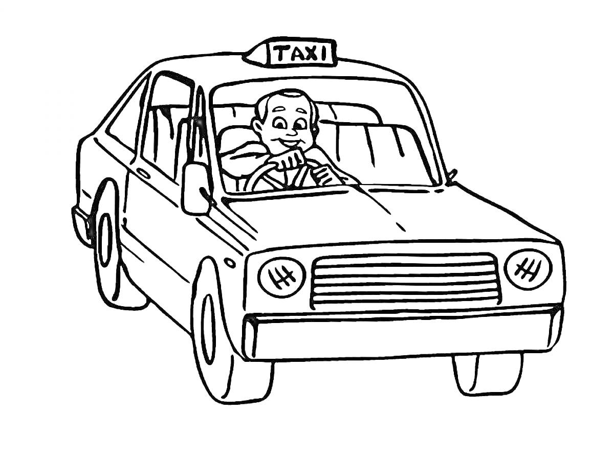 Водитель такси за рулем автомобиля с табличкой 