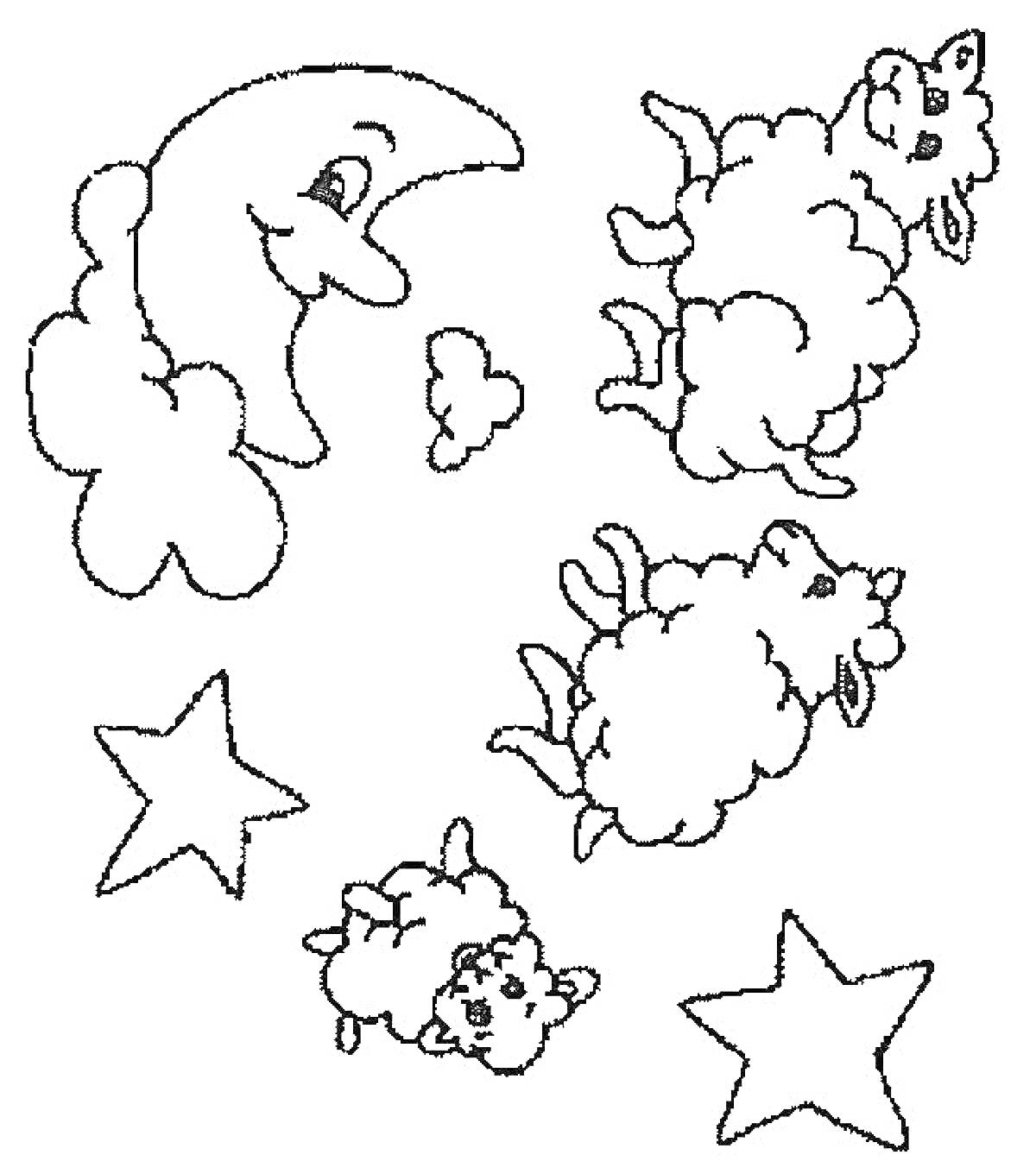 На раскраске изображено: Месяц, Овечки, Звезды, Облака, Ночь