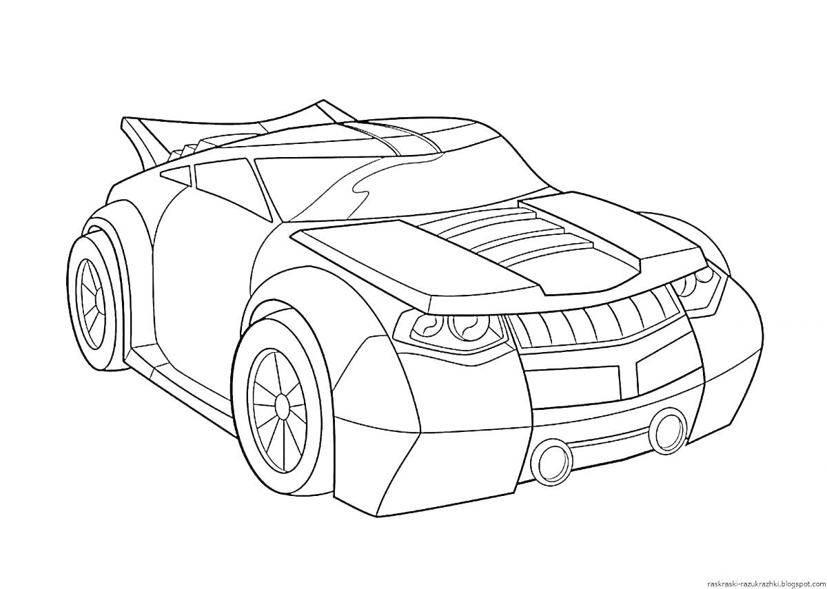 На раскраске изображено: Робот, Бамблби, Спойлер, Фары, Колёса, Контурные рисунки
