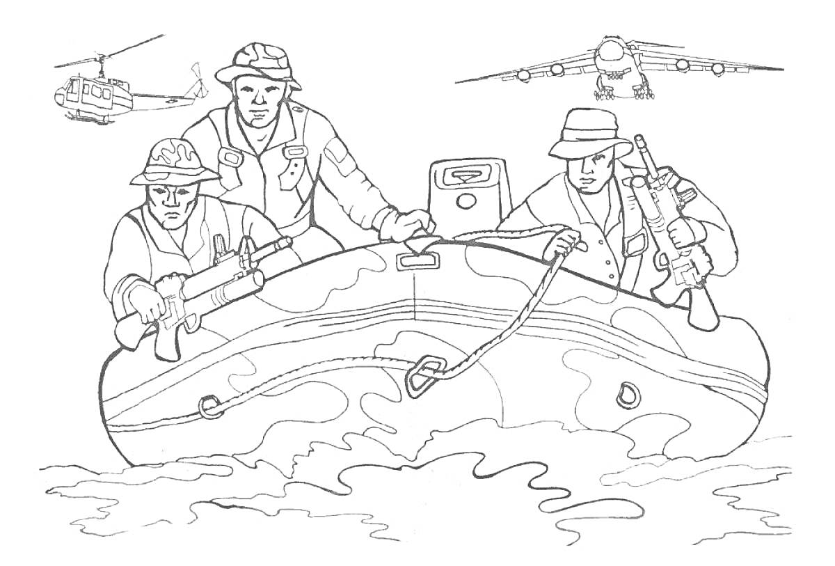 Раскраска Солдаты на моторной лодке с вертолетом и самолетом на заднем плане
