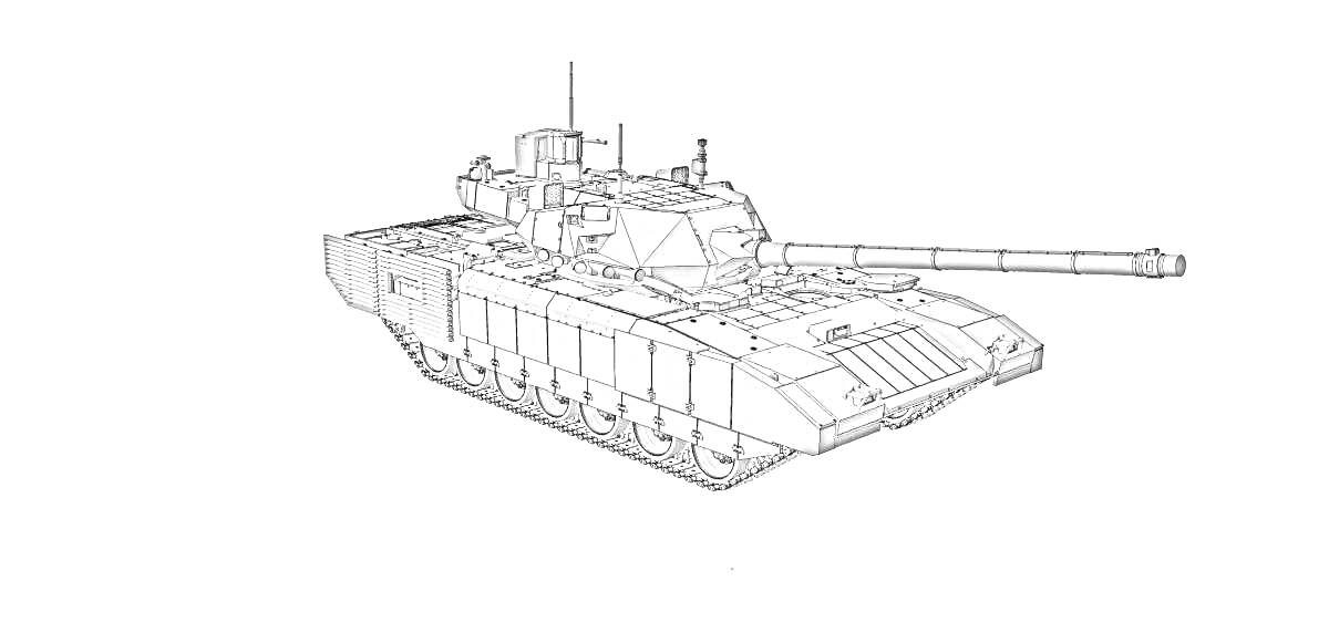 На раскраске изображено: Танк, Армата, Военная техника, Пушка, Гусеницы, Антенны, Бронетехника
