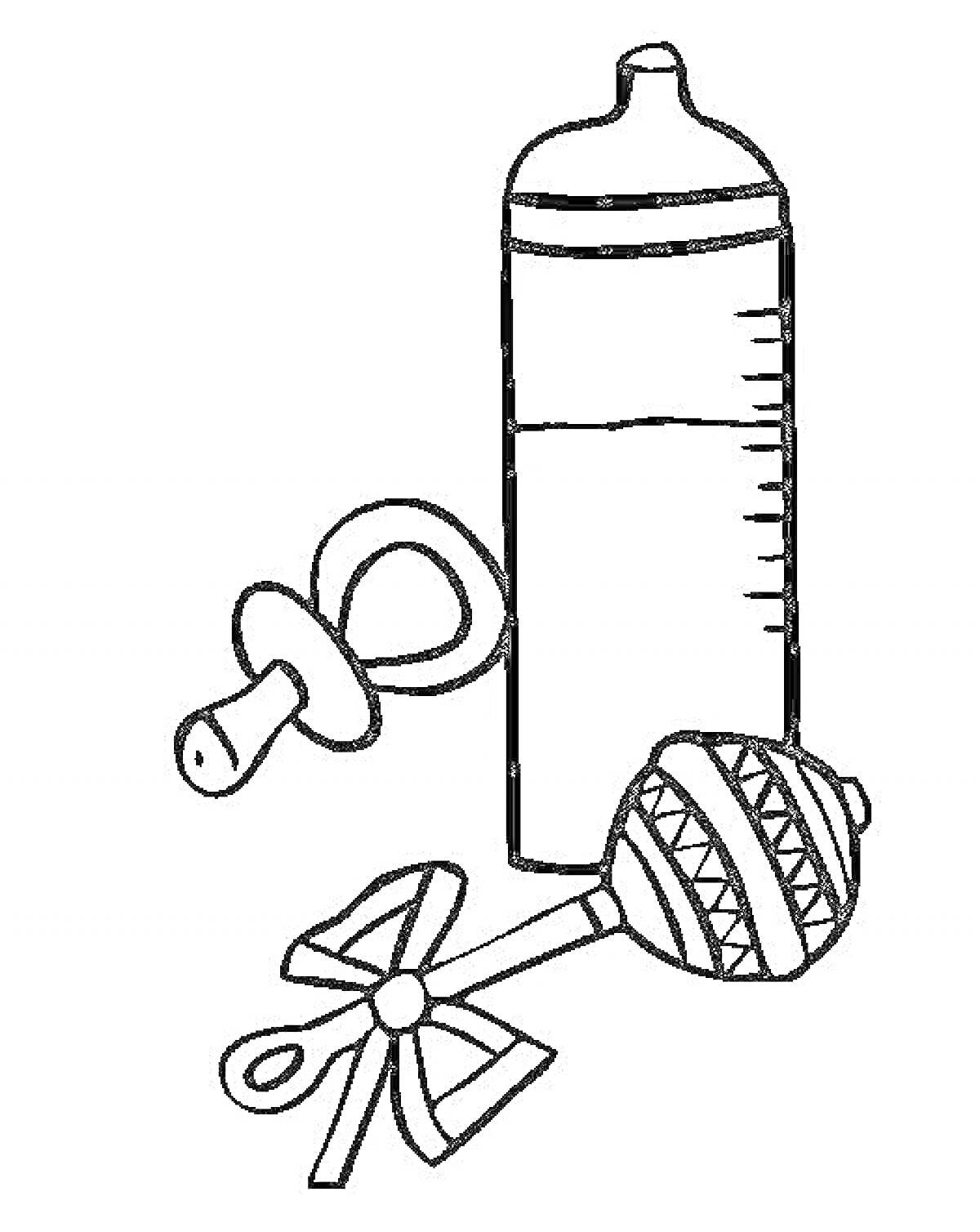 На раскраске изображено: Погремушка, Соска, Детские игрушки