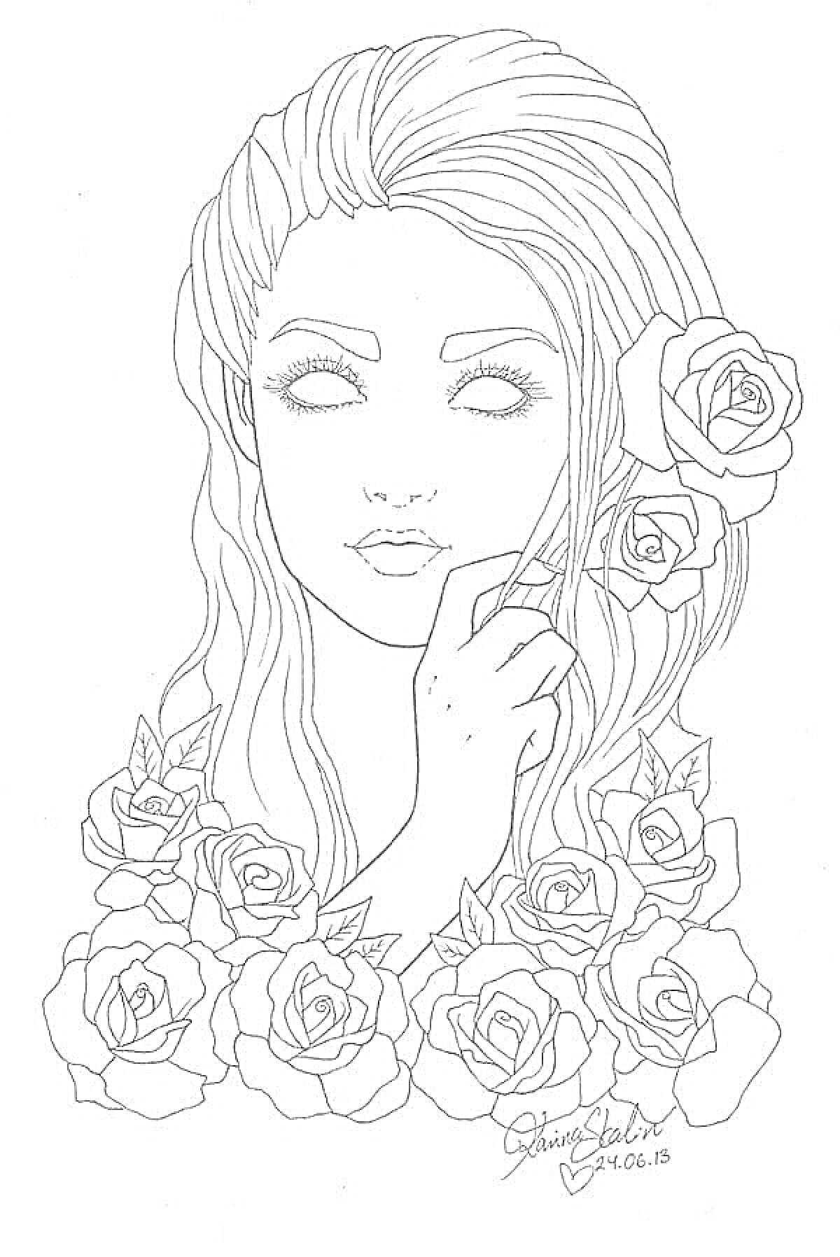 Раскраска Девушка среди роз с розой в волосах