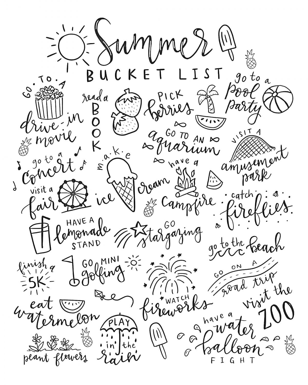 Summer Bucket List - drive-in movie, read a book, pick berries, go to a pool party, go to a concert, visit a fair, make ice cream, go to an aquarium, visit an amusement park, have a lemonade stand, go on a road trip, go camping, go stargazing, catch firef