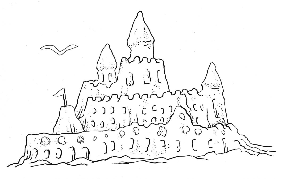 На раскраске изображено: Снежная крепость, Башни, Флаг, Крепость, Лед, Замок, Птица, Зима