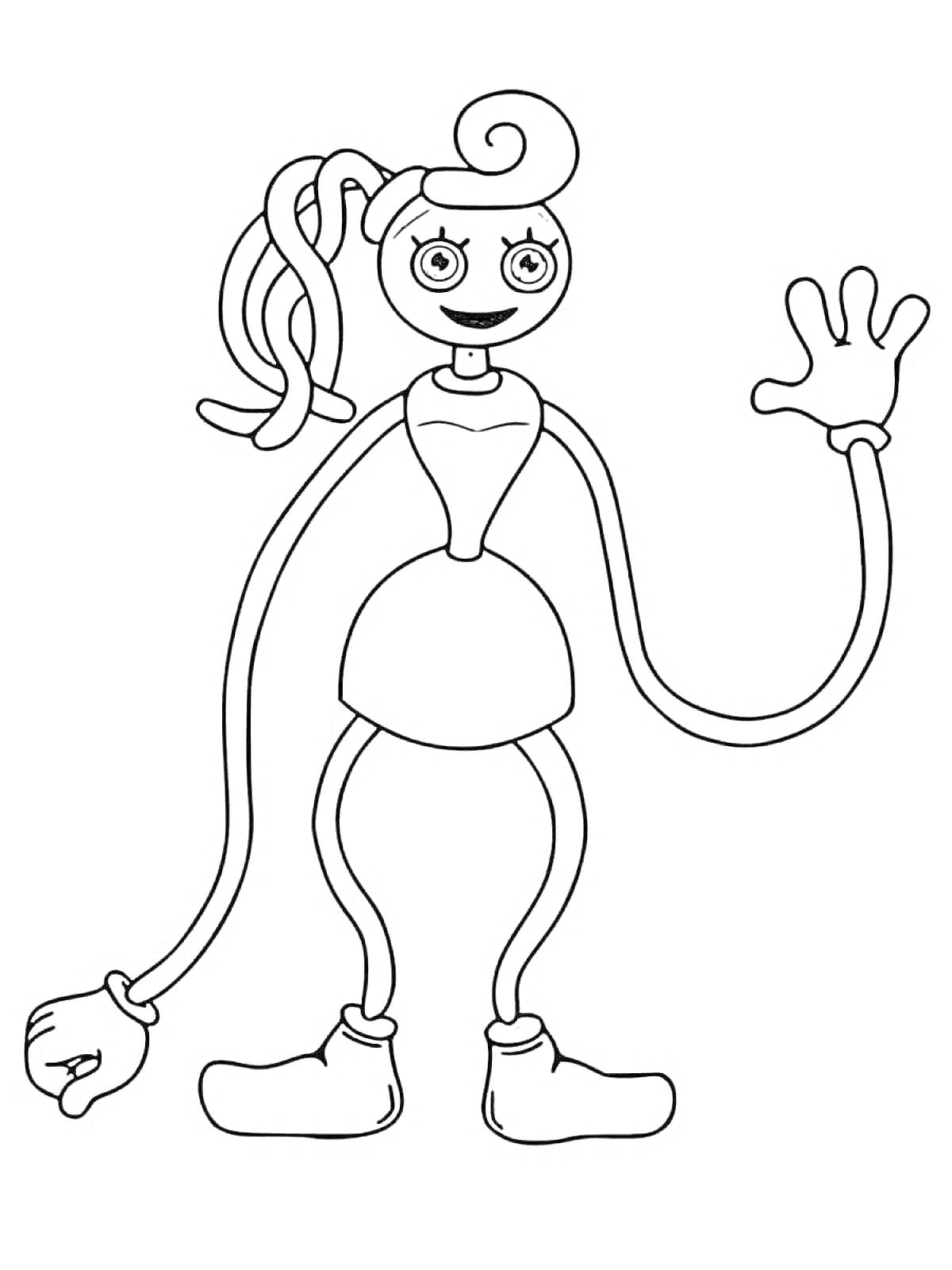 Раскраска Жуткая игрушка с длинными руками и ногами, кудряшки, большие глаза, улыбка, перчатки и ботинки