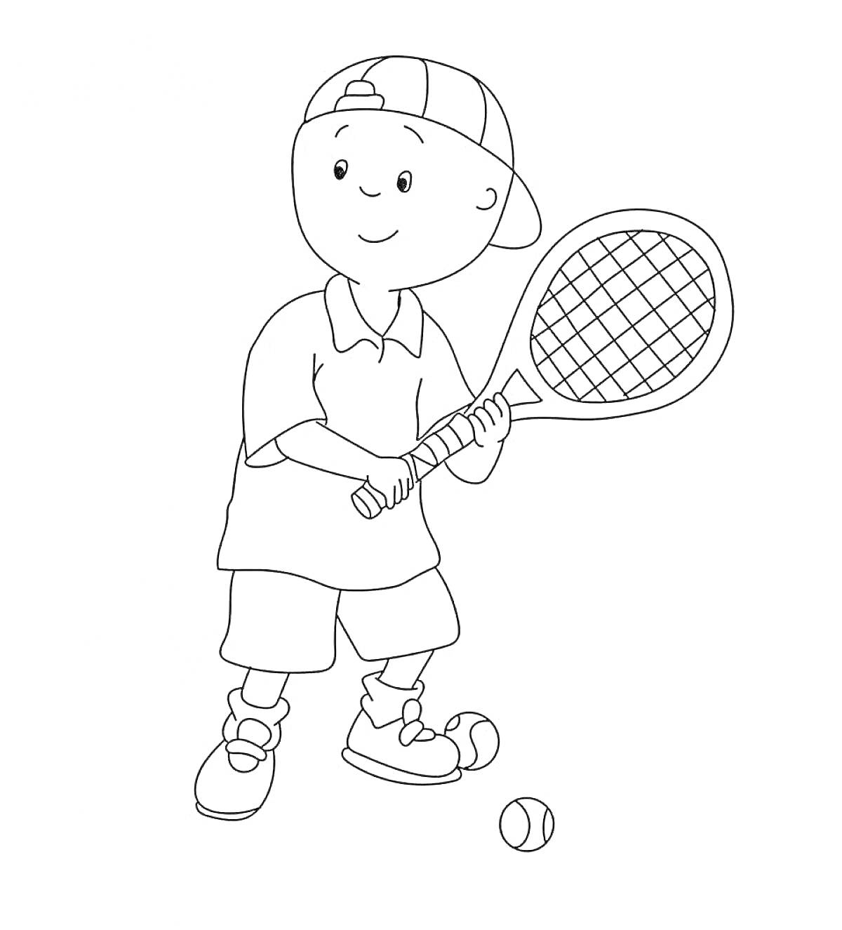 На раскраске изображено: Мальчик, Теннис, Ракетка, Спорт, Спортивная одежда, Детский спорт