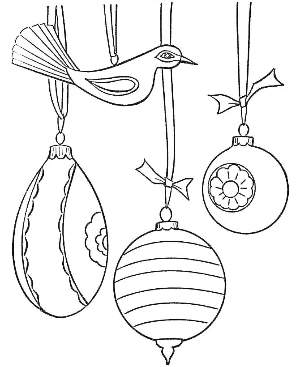 Раскраска Птичка и елочные шары с узорами