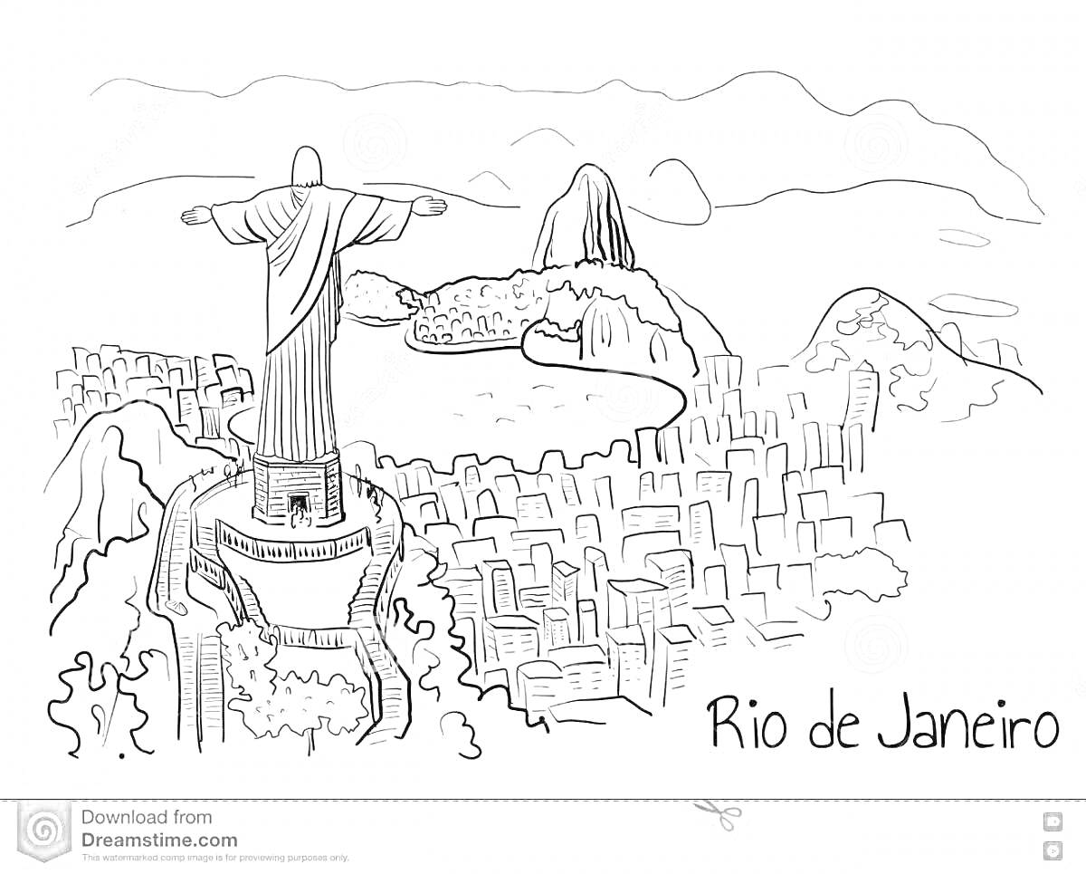 На раскраске изображено: Бразилия, Статуя, Архитектура, Ландшафт, Южная Америка