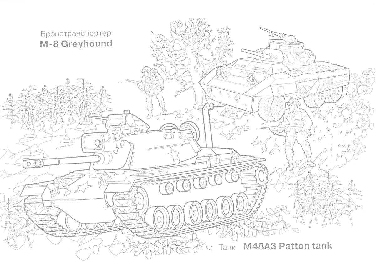 Раскраска Танк M48A3 Patton и бронеавтомобиль M-8 Greyhound, солдаты с рацией и оружием в лесу