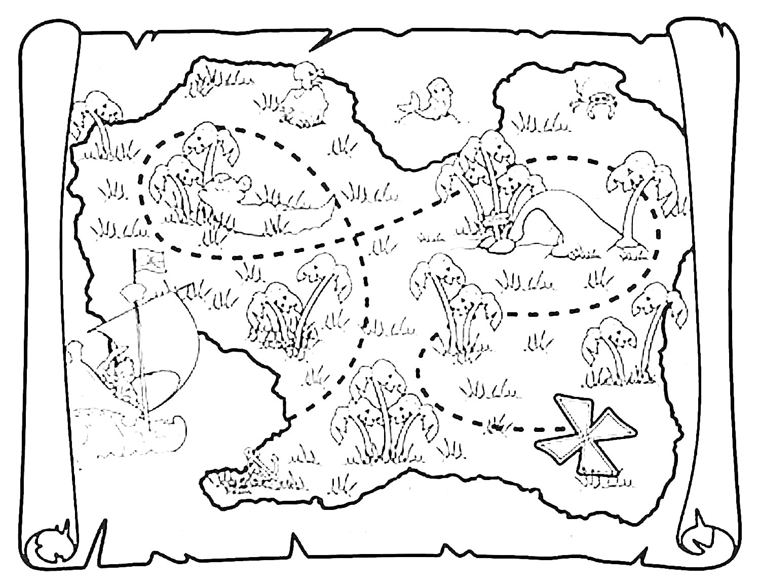 На раскраске изображено: Карта сокровищ, Корабль, Маршрут, Остров, Пиратский корабль