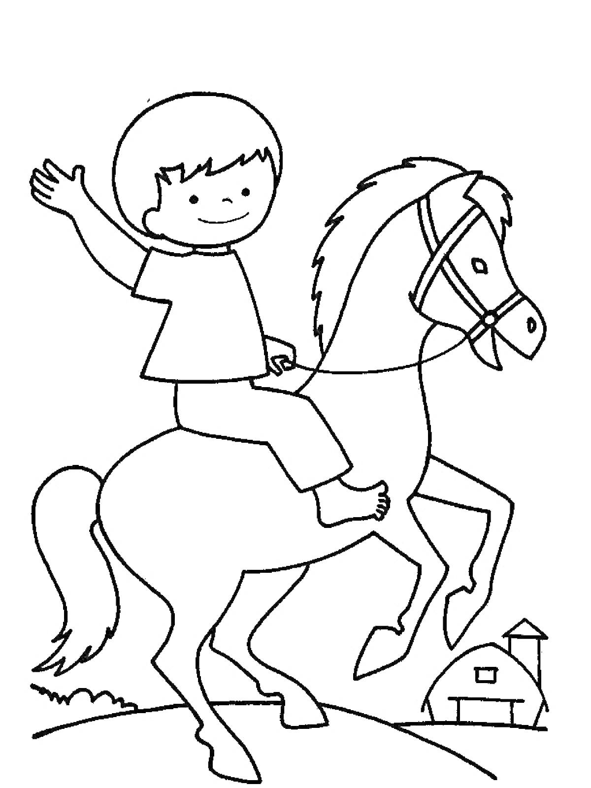 На раскраске изображено: Всадник, Лошадь, Ребёнок, Амбар, Природа, Животные, Контурные рисунки, Поднятые руки