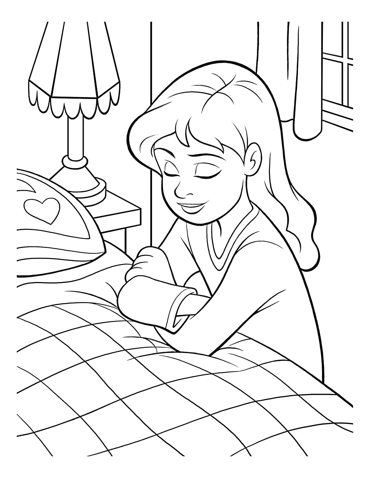 Раскраска Девочка молится перед сном, комната с лампой на тумбочке