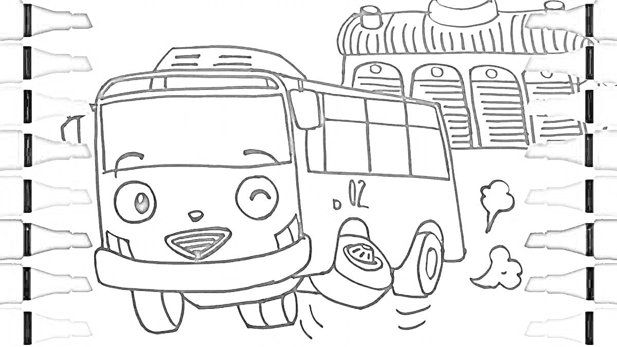 На раскраске изображено: Автобус, Тайо, Гаражи, Транспорт, Детское творчество