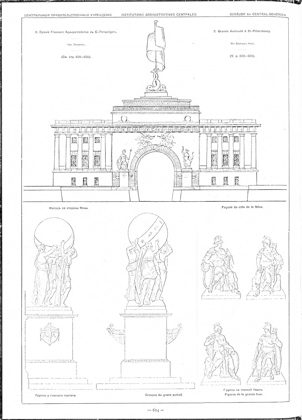 Раскраска Адмиралтейство с аркой, памятниками и фигурами