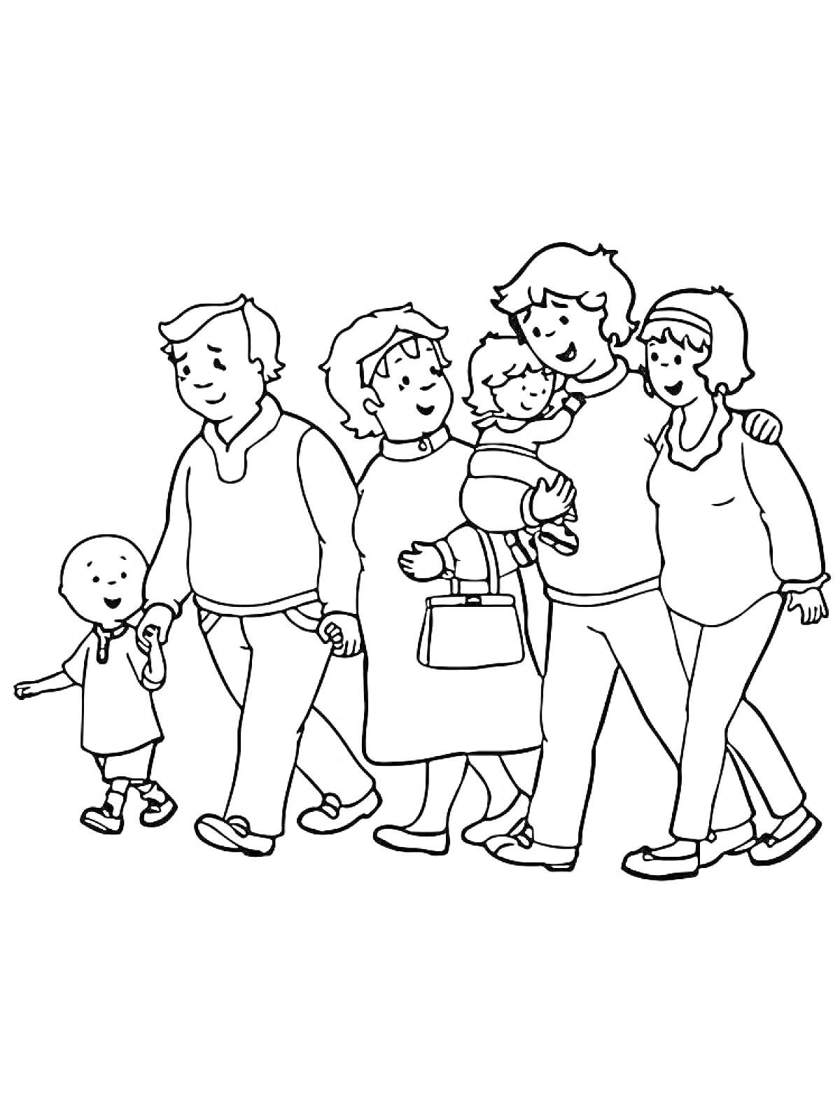 Раскраска Семья на прогулке: взрослые и дети идут вместе, держась за руки