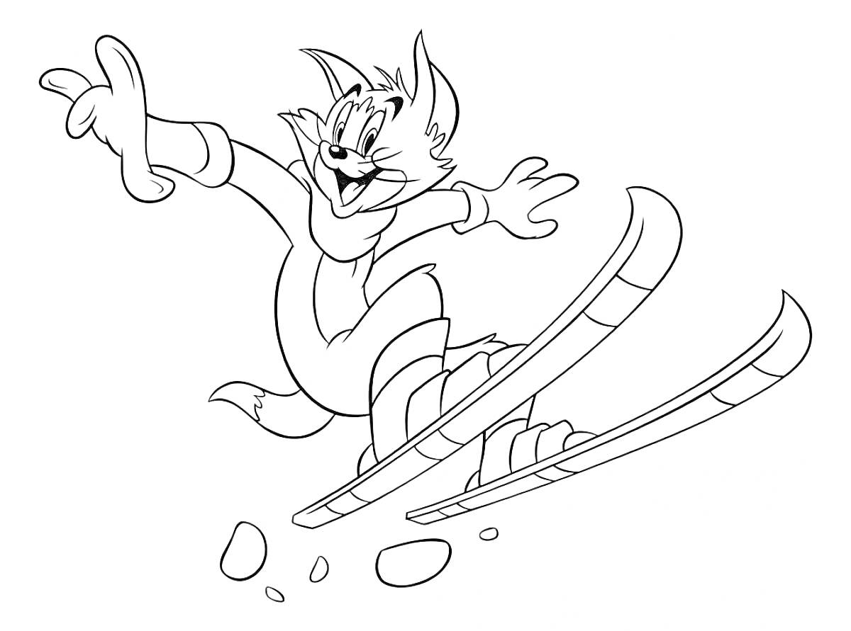 На раскраске изображено: Кот, Лыжи, Зимний спорт, Снег, Забавный персонаж, Для детей, Прыжки