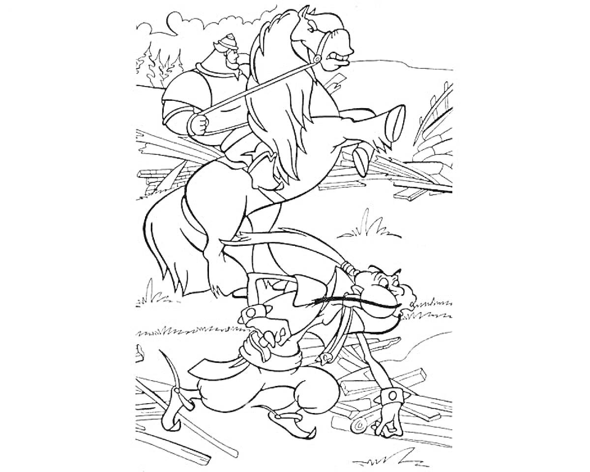 Раскраска Илья Муромец на коне с копьём преследует богатыря с боевым топором