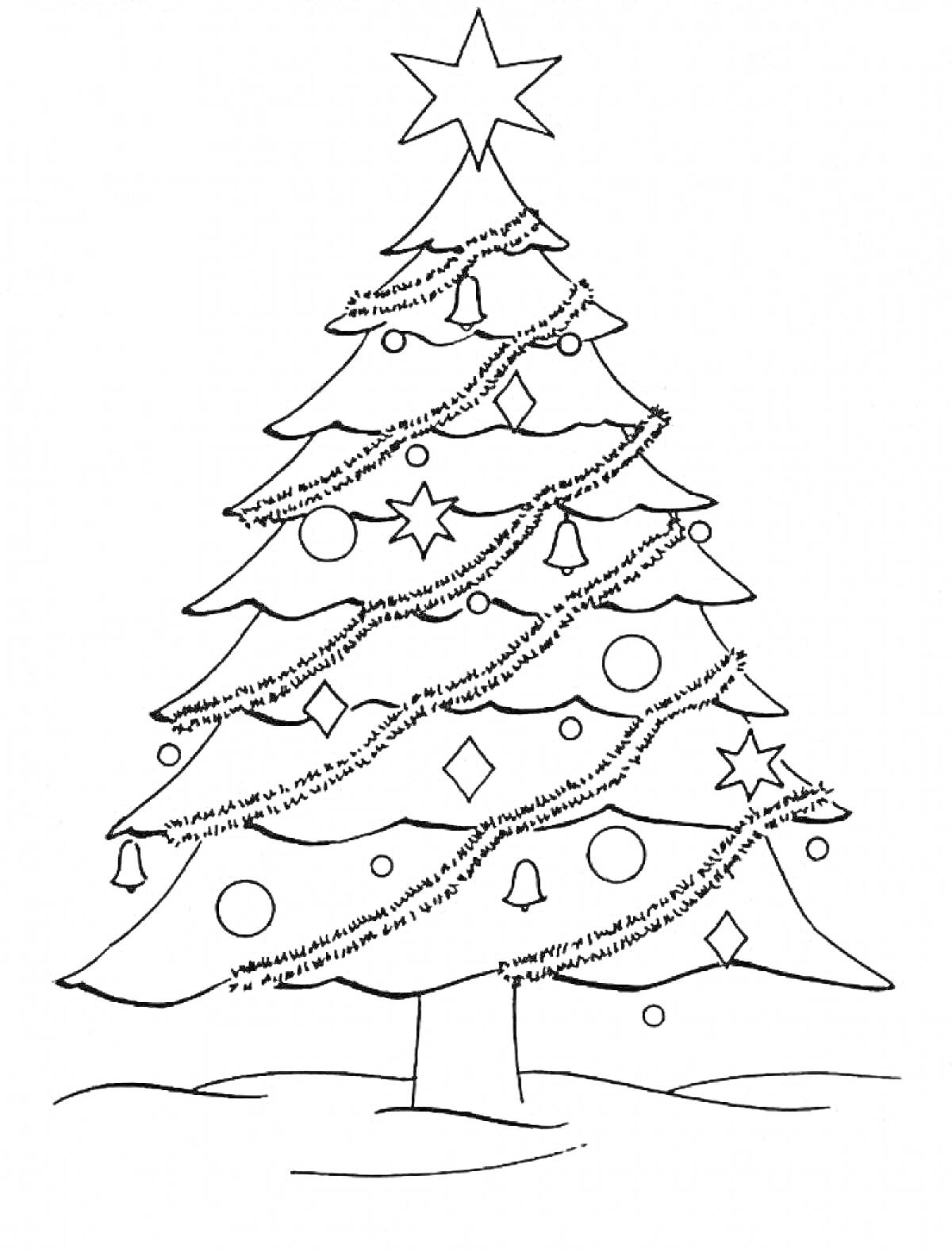Раскраска Новогодняя елка с гирляндами, звездами, шарами, звонками и снежинками на фоне снежного покрова