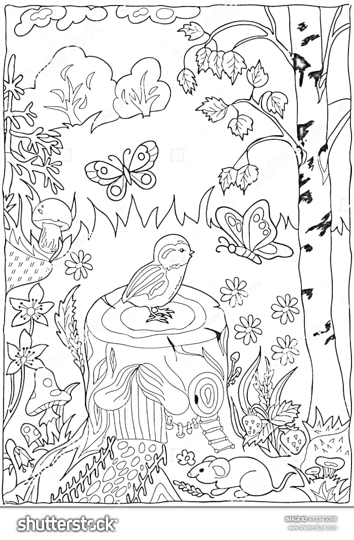 На раскраске изображено: Природа, Птица, Пень, Мышь, Деревья, Цветы, Лес, Трава, Кусты, Бабочка