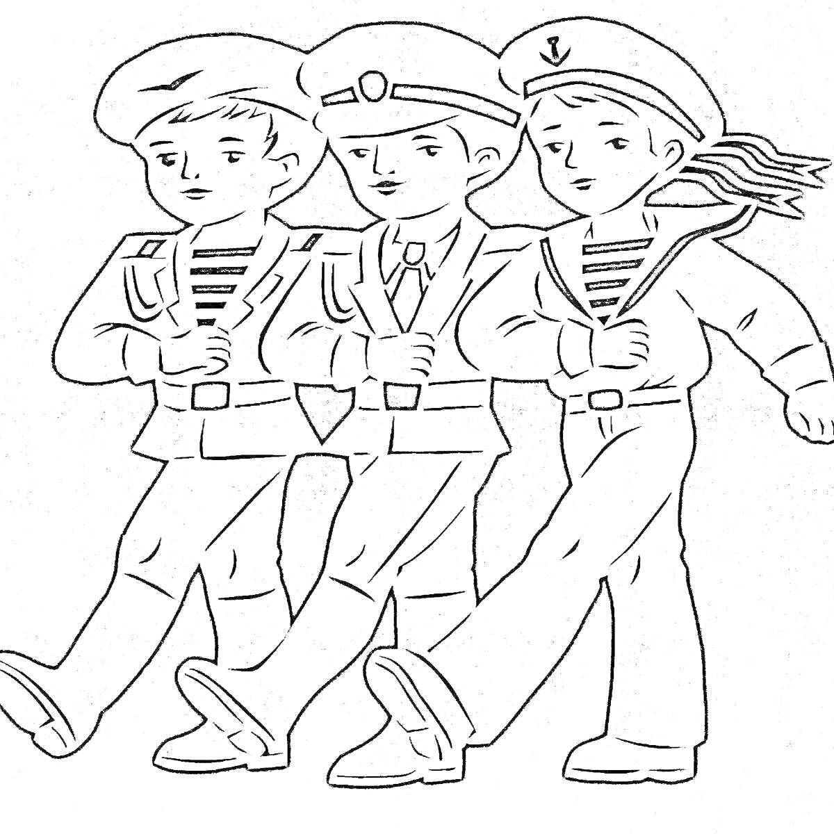 На раскраске изображено: 23 февраля, Школьники, Военная форма, Парад, Солдат, Летчик, Моряк, Марш, Защита отечества