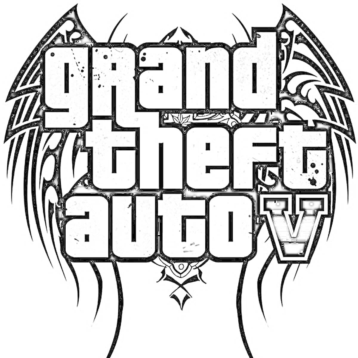 Раскраска Логотип Grand Theft Auto V с черно-белыми графическими элементами, включающими декоративные крылья и стилизованные узоры