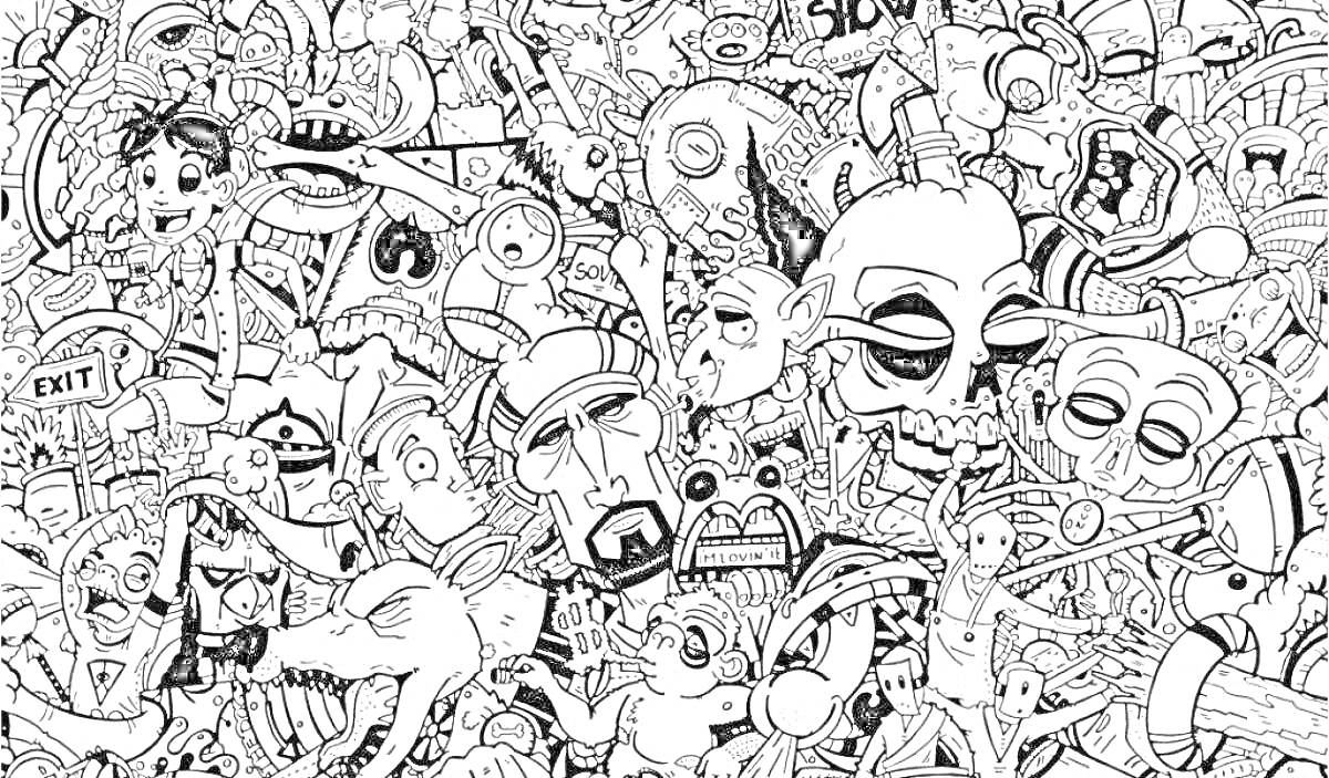 Раскраска Сложный рисунок на черном фоне с множеством различных объектов, включая человеческие лица, животные головы, надписи, фантастические существа и абстрактные элементы.
