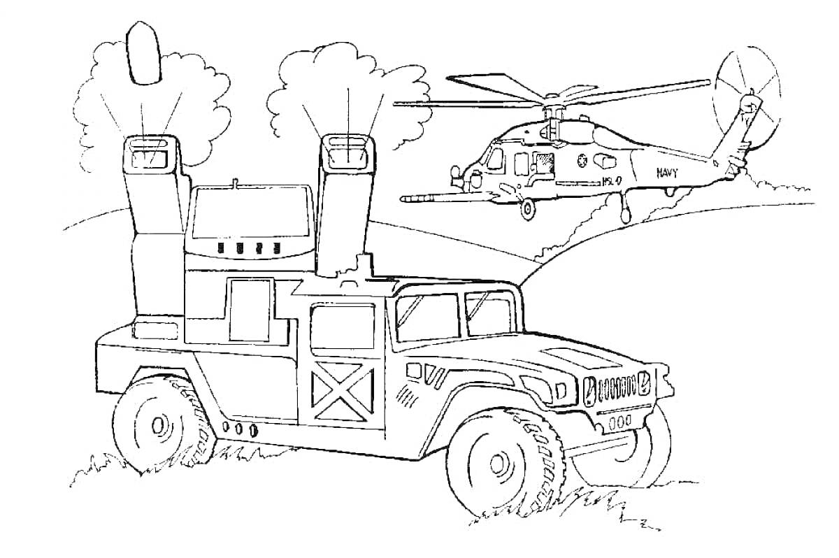 Раскраска Военный внедорожник и вертолет на холмистой местности
