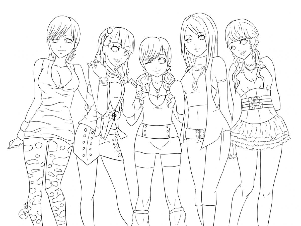 Раскраска Группа девочек в стильных нарядах