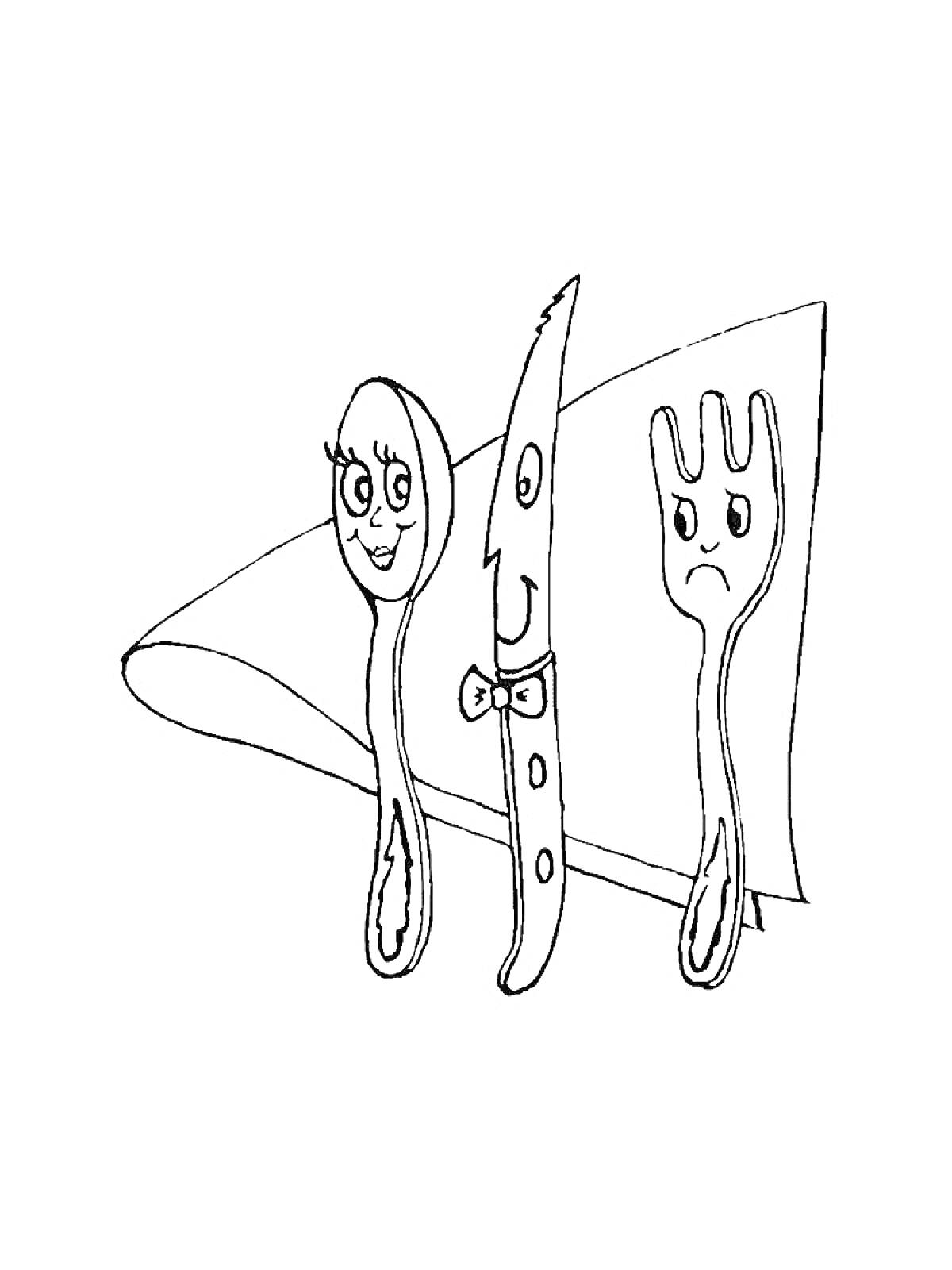 Раскраска Ложка, нож и вилка с улыбкой на фоне салфетки