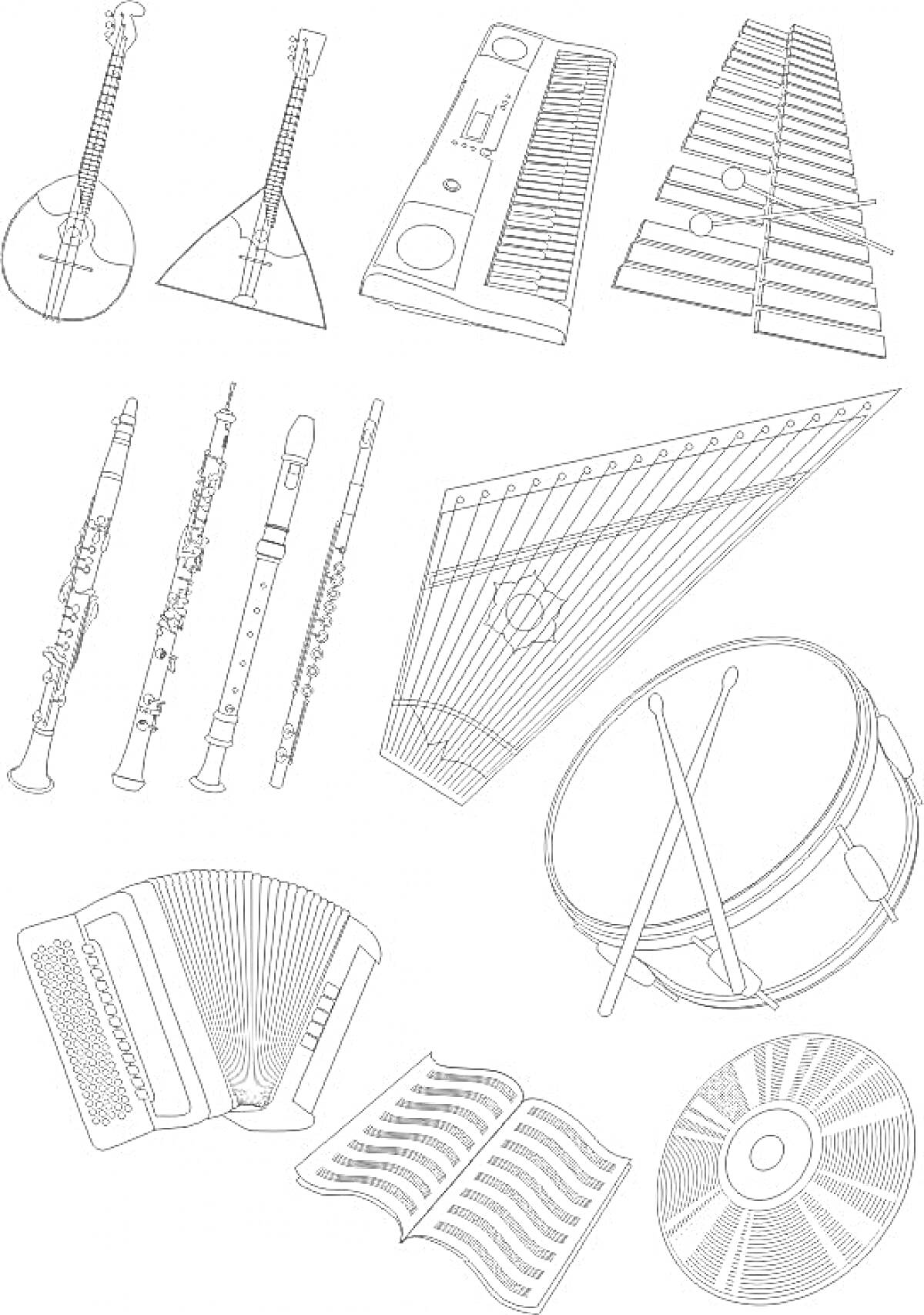 Раскраска Балалайка, гармонь, гусли, барабан с палочками, кларнет, флейта, свирель, альтовая домра, ксилофон, аккордеон, нотный стан, компакт-диск